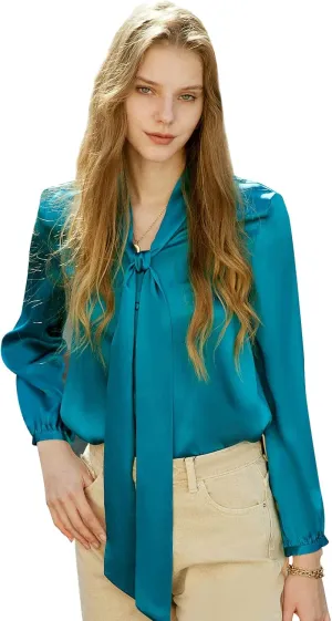 COLD POSH Silk Blouses for Women Long Sleeve Women's 100% Pure Silk Bow-tie Neck Blouse Luxury Button Down Elegant Shirts