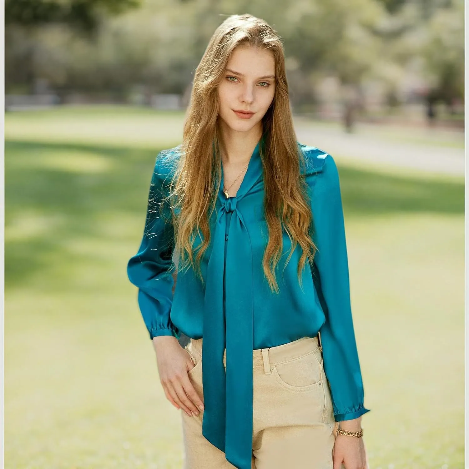 COLD POSH Silk Blouses for Women Long Sleeve Women's 100% Pure Silk Bow-tie Neck Blouse Luxury Button Down Elegant Shirts