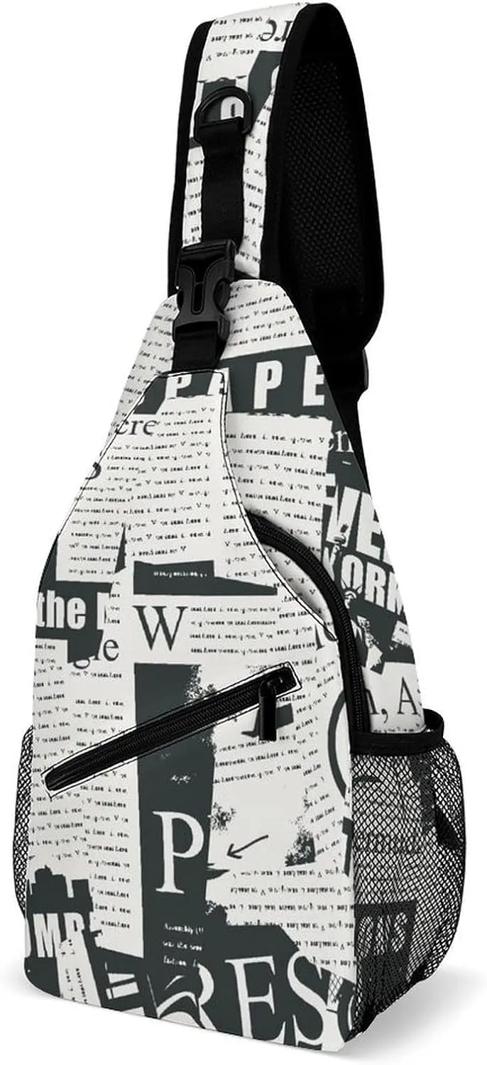 Collage Newspaper Sling Backpack, Crossbody Shoulder Bag, Chest Bags for Outdoor Travel Fitness