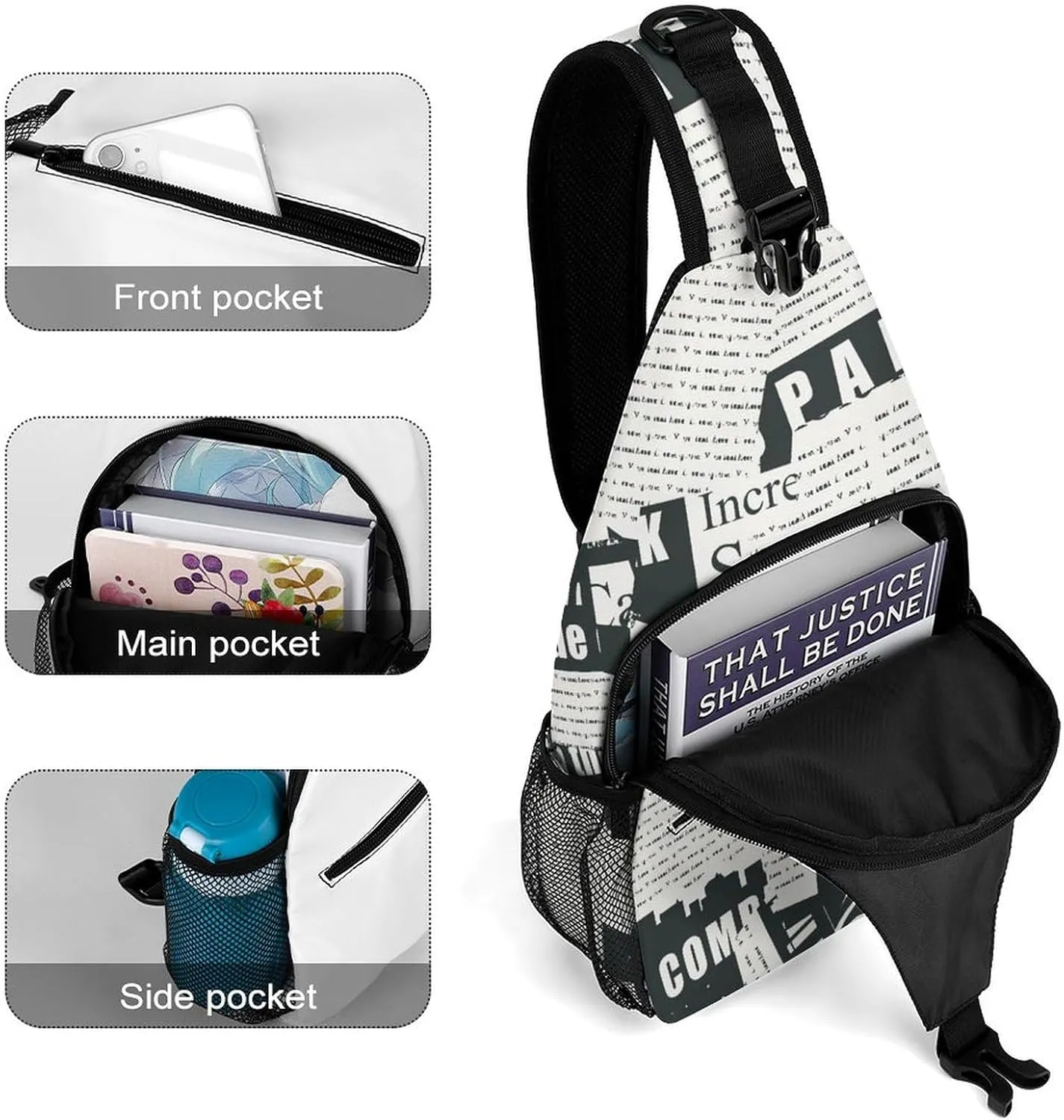Collage Newspaper Sling Backpack, Crossbody Shoulder Bag, Chest Bags for Outdoor Travel Fitness