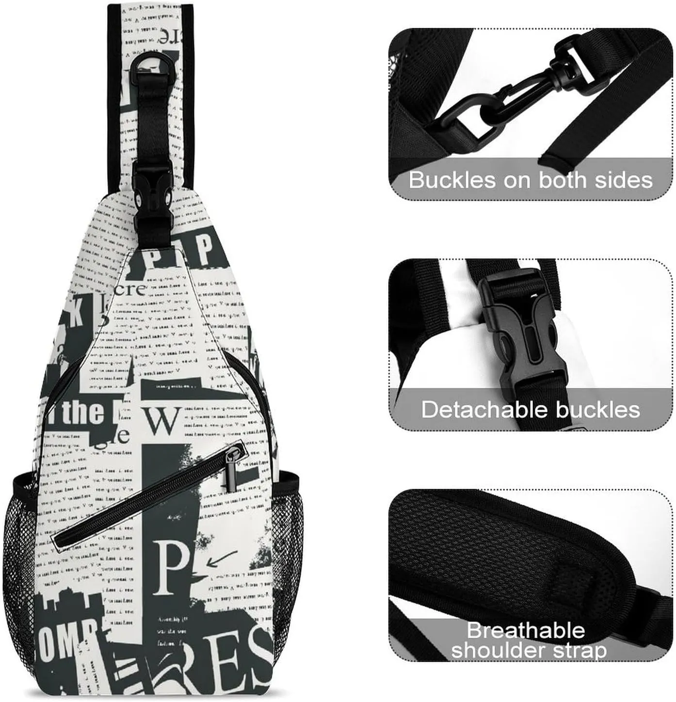 Collage Newspaper Sling Backpack, Crossbody Shoulder Bag, Chest Bags for Outdoor Travel Fitness