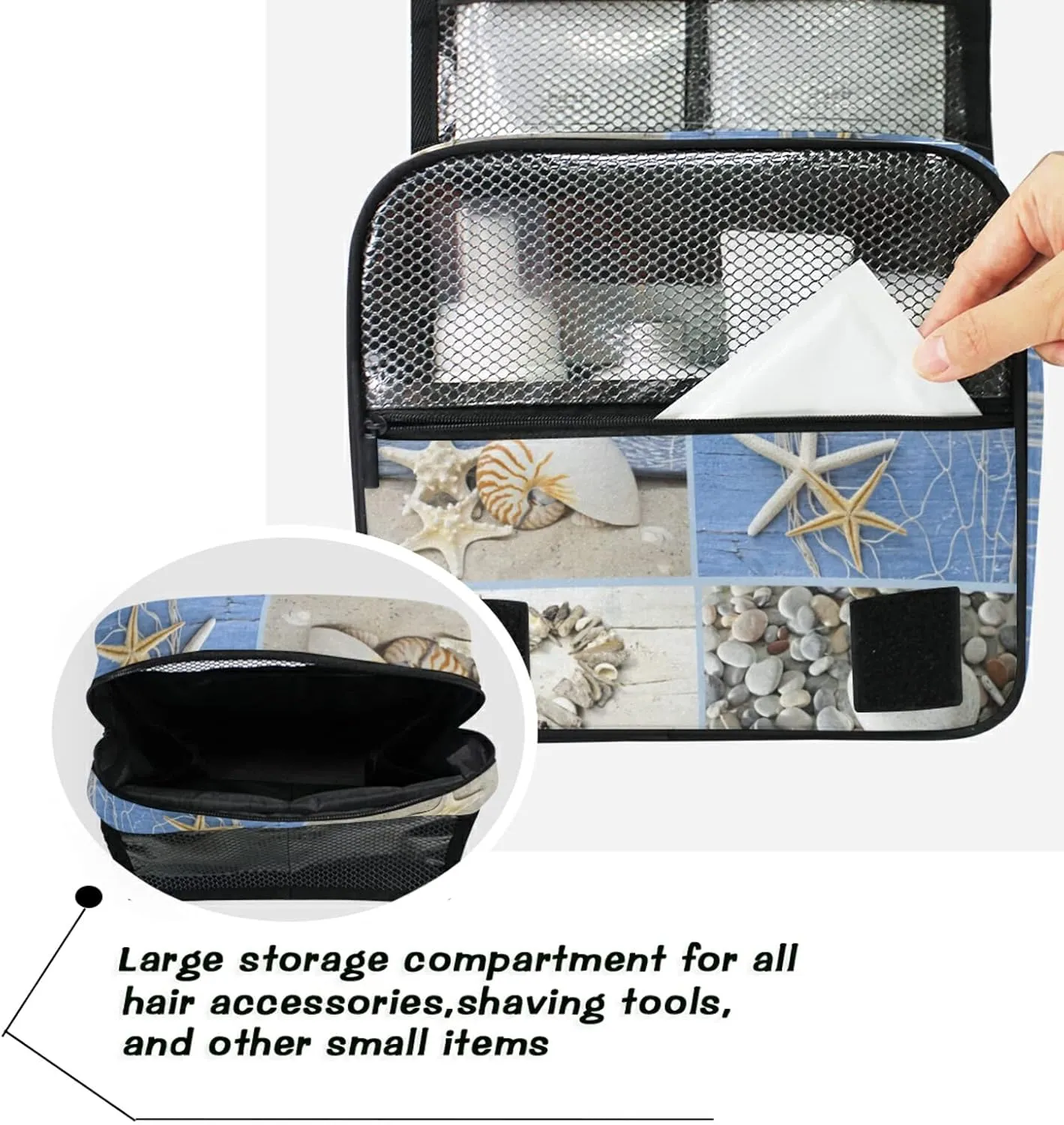 Collage with Hearts of Seashells, Starfish, Driftwood and Beach Goods Hanging Wash Gargle Toiletry Bag Travel Cosmetic Makeup Case Organizer Storage Large Portable