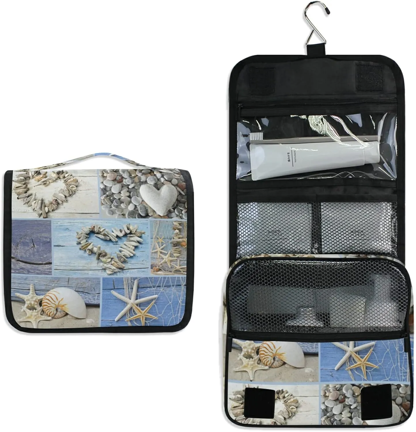 Collage with Hearts of Seashells, Starfish, Driftwood and Beach Goods Hanging Wash Gargle Toiletry Bag Travel Cosmetic Makeup Case Organizer Storage Large Portable