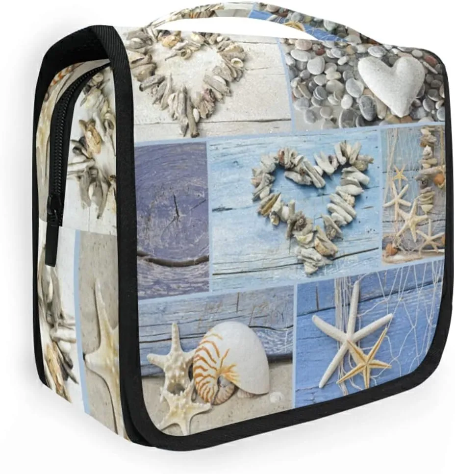 Collage with Hearts of Seashells, Starfish, Driftwood and Beach Goods Hanging Wash Gargle Toiletry Bag Travel Cosmetic Makeup Case Organizer Storage Large Portable