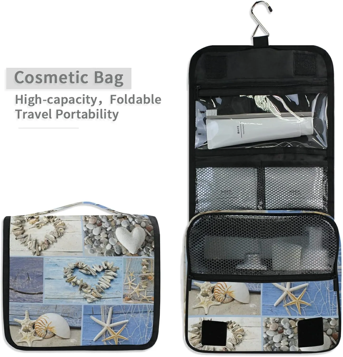 Collage with Hearts of Seashells, Starfish, Driftwood and Beach Goods Hanging Wash Gargle Toiletry Bag Travel Cosmetic Makeup Case Organizer Storage Large Portable