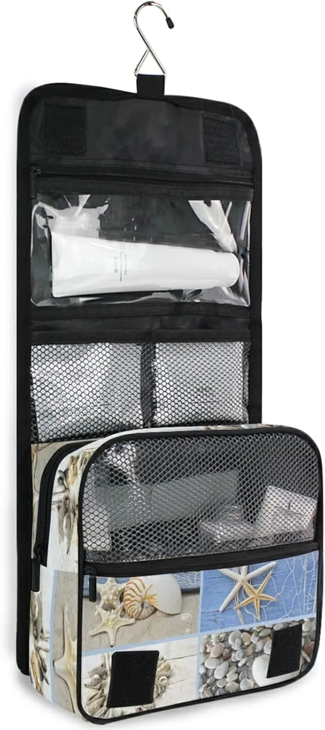 Collage with Hearts of Seashells, Starfish, Driftwood and Beach Goods Hanging Wash Gargle Toiletry Bag Travel Cosmetic Makeup Case Organizer Storage Large Portable