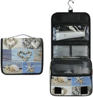 Collage with Hearts of Seashells, Starfish, Driftwood and Beach Goods Hanging Wash Gargle Toiletry Bag Travel Cosmetic Makeup Case Organizer Storage Large Portable