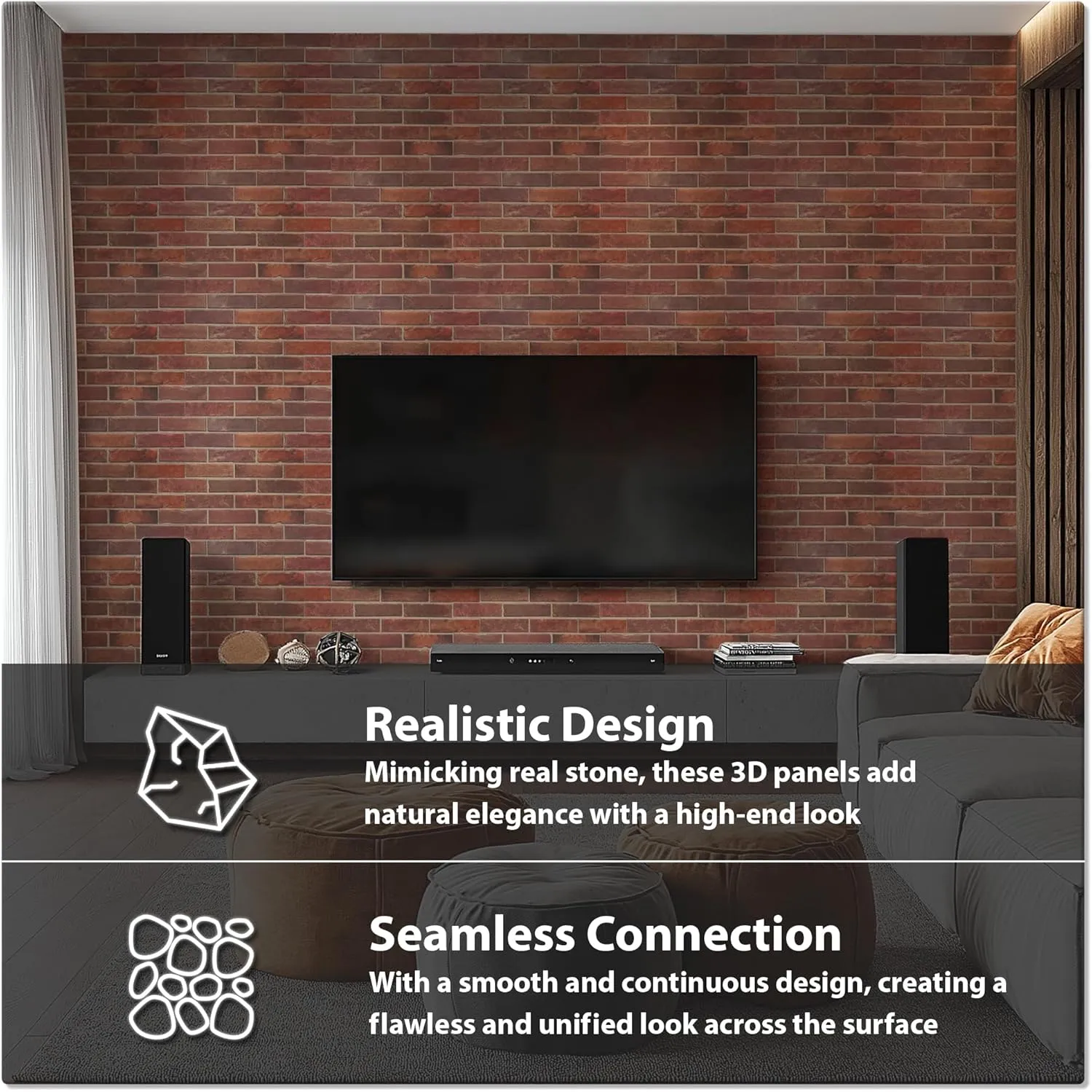 CONCORD WALLCOVERINGS ™ 3D Red Faux Brick Wall Panels - Pack of 10, Lightweight 17.5" x 24" (44.5 cm x 61 cm) PVC Sheets, Realistic Stone, Living Room & Kitchen Decorative Tiles - Covers 29.16 Sq Ft
