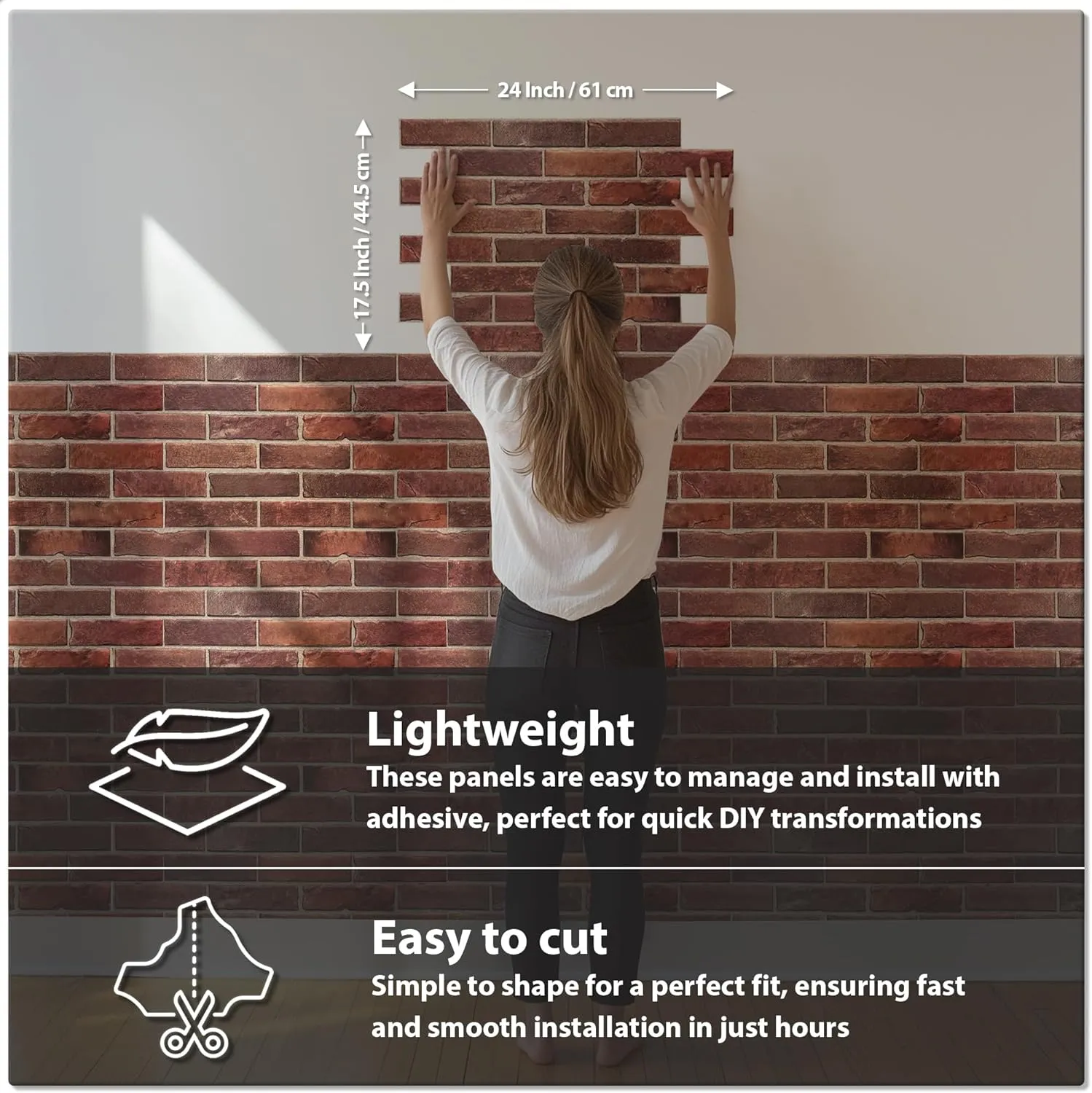 CONCORD WALLCOVERINGS ™ 3D Red Faux Brick Wall Panels - Pack of 10, Lightweight 17.5" x 24" (44.5 cm x 61 cm) PVC Sheets, Realistic Stone, Living Room & Kitchen Decorative Tiles - Covers 29.16 Sq Ft
