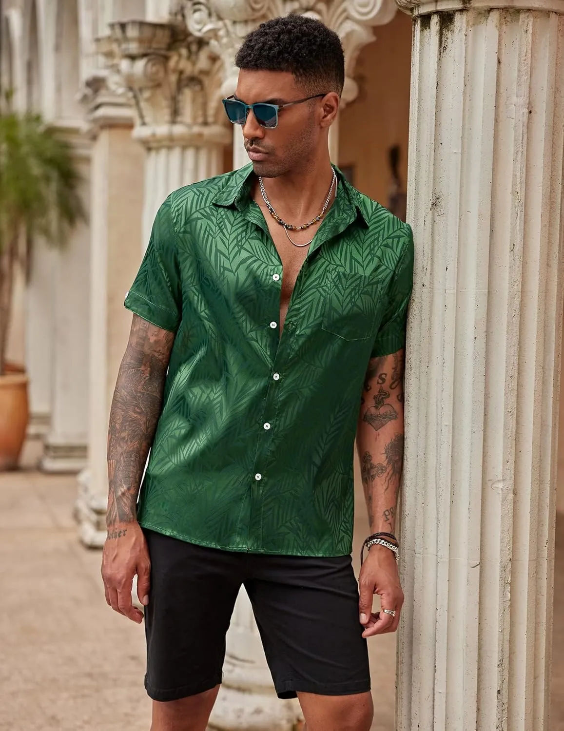 COOFANDY Mens Silk Button Down Short Sleeve Shirt Satin Dress Shirts Summer Beach Wedding Shirt