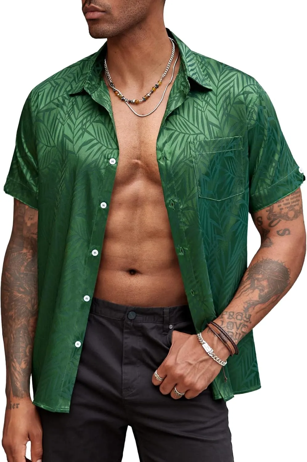 COOFANDY Mens Silk Button Down Short Sleeve Shirt Satin Dress Shirts Summer Beach Wedding Shirt