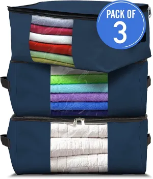 Covers & All Storage Bags, 90 litres Large size Space Saver bags Heavy Duty Storage Organizer Multipurpose, 12 Oz Waterproof UV-Resistant & Tear-Proof (23"L x 17"W x 14"H Inches, Blue, Pack of 3)