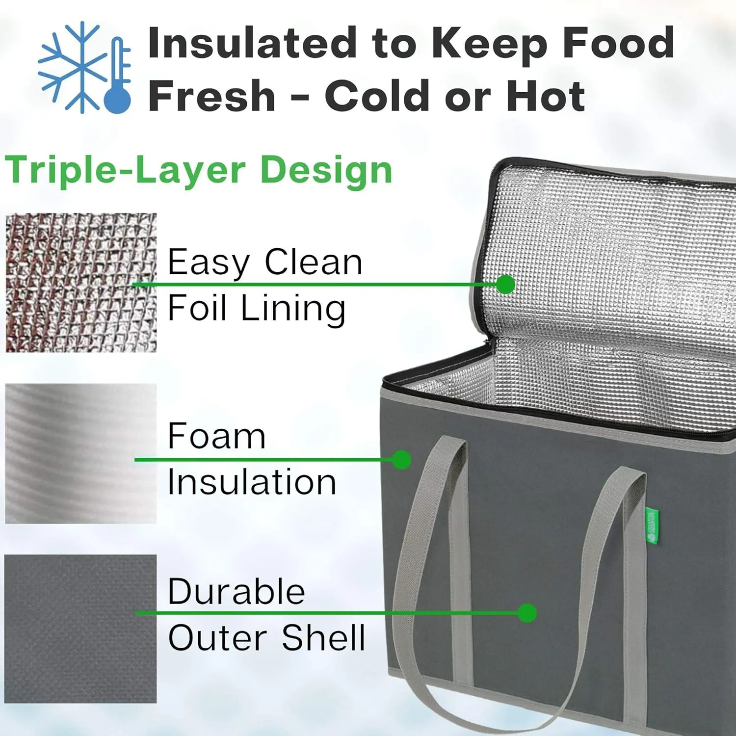 Creative Green Life XL Insulated Reusable Grocery Bags (2-Pack) - Premium Quality Cooler Bags with Hard Bottom Insert, Stands Upright, Washable