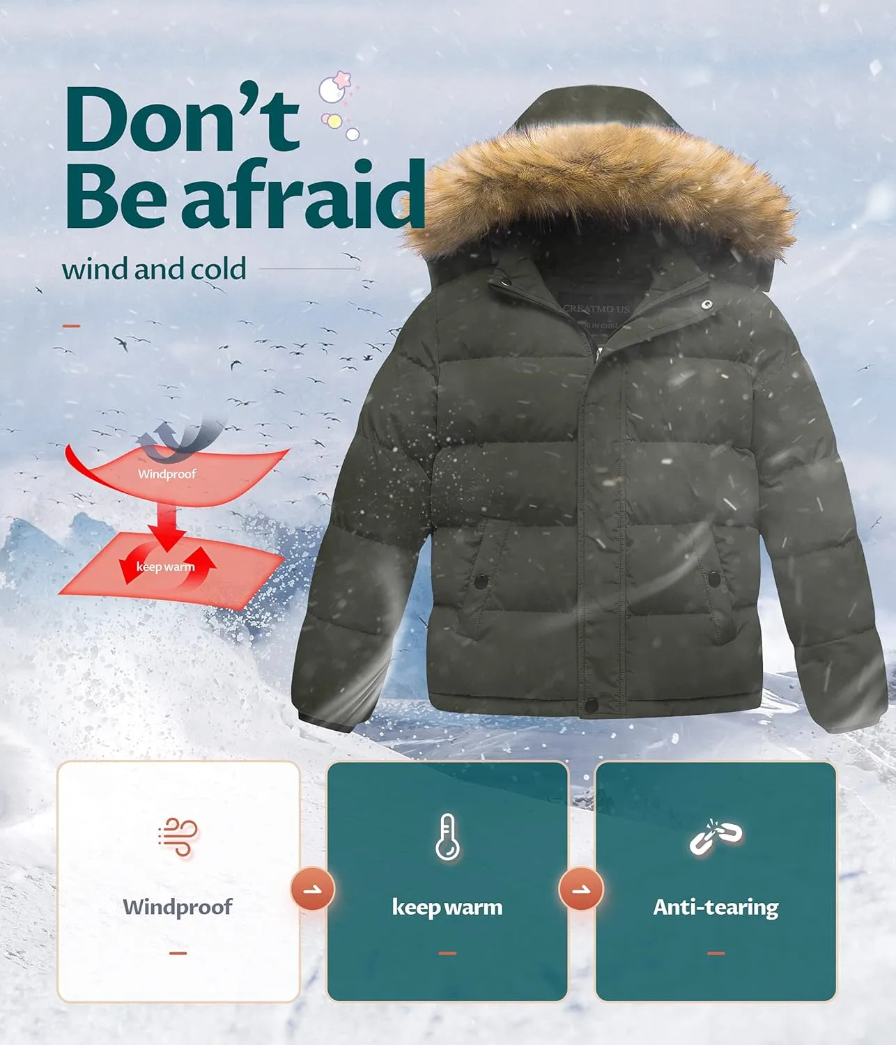 CREATMO US Boy's Water Resistant Winter Coats Warm Fleece Lined Outwear Windbreaker Ski Jacket