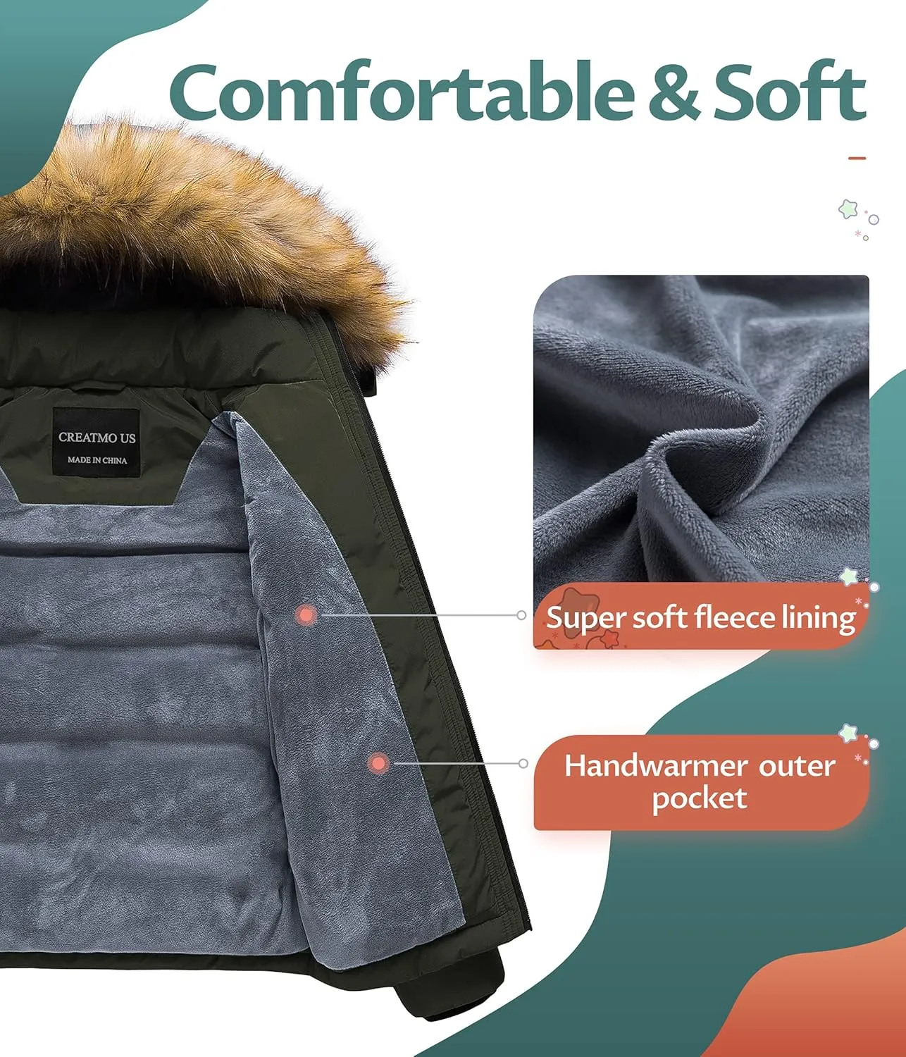 CREATMO US Boy's Water Resistant Winter Coats Warm Fleece Lined Outwear Windbreaker Ski Jacket