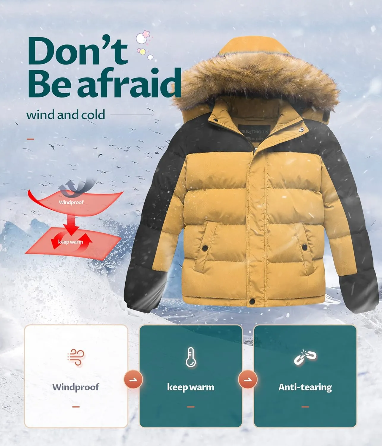 CREATMO US Boy's Water Resistant Winter Coats Warm Fleece Lined Outwear Windbreaker Ski Jacket