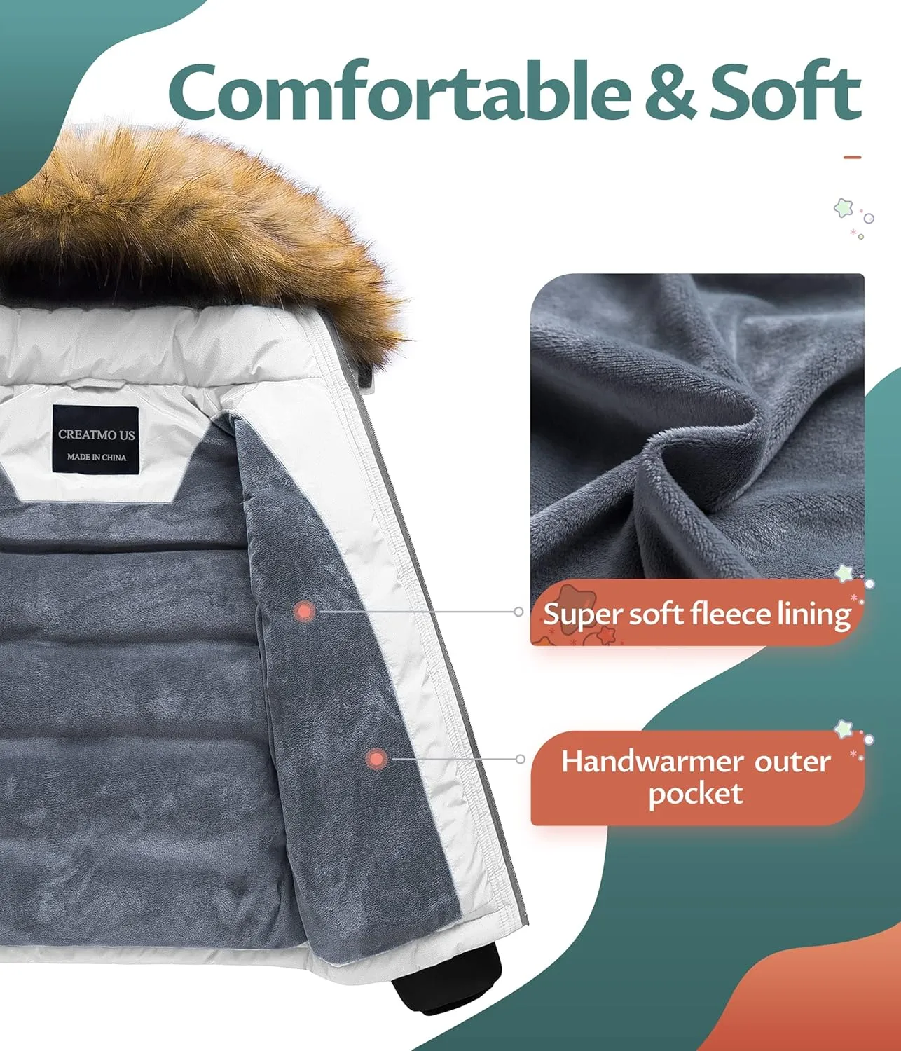 CREATMO US Boy's Water Resistant Winter Coats Warm Fleece Lined Outwear Windbreaker Ski Jacket