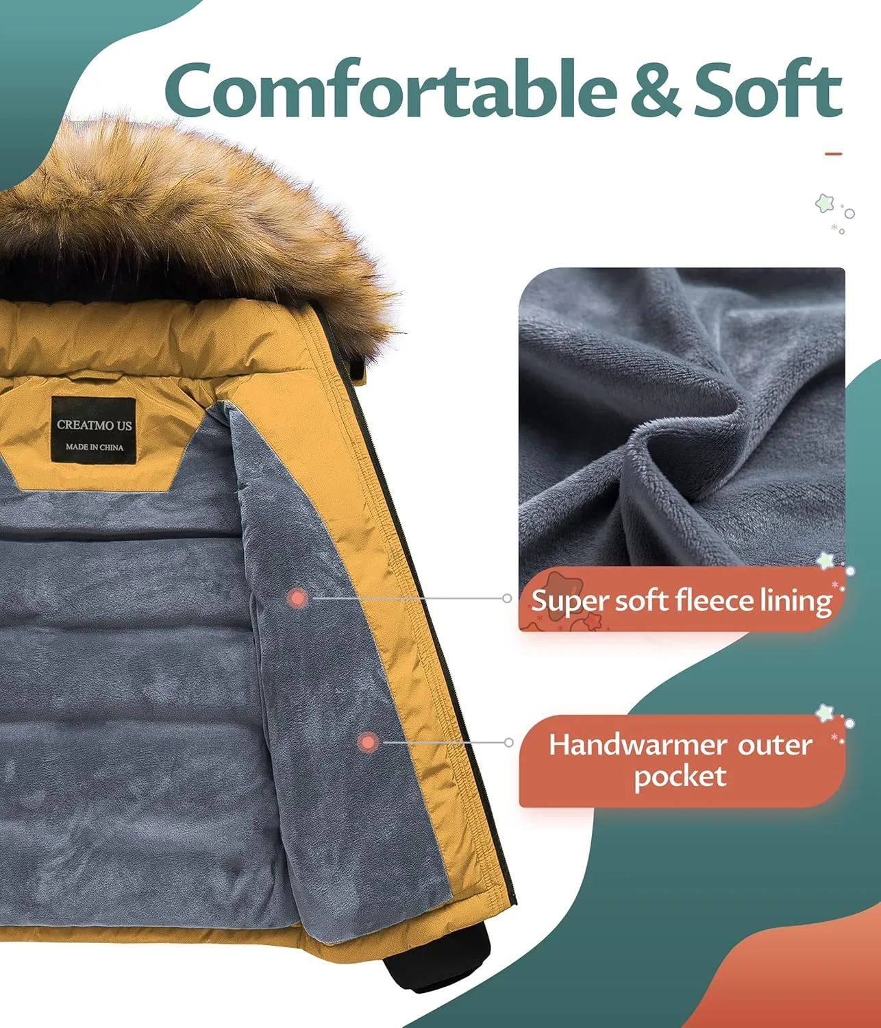 CREATMO US Boy's Water Resistant Winter Coats Warm Fleece Lined Outwear Windbreaker Ski Jacket