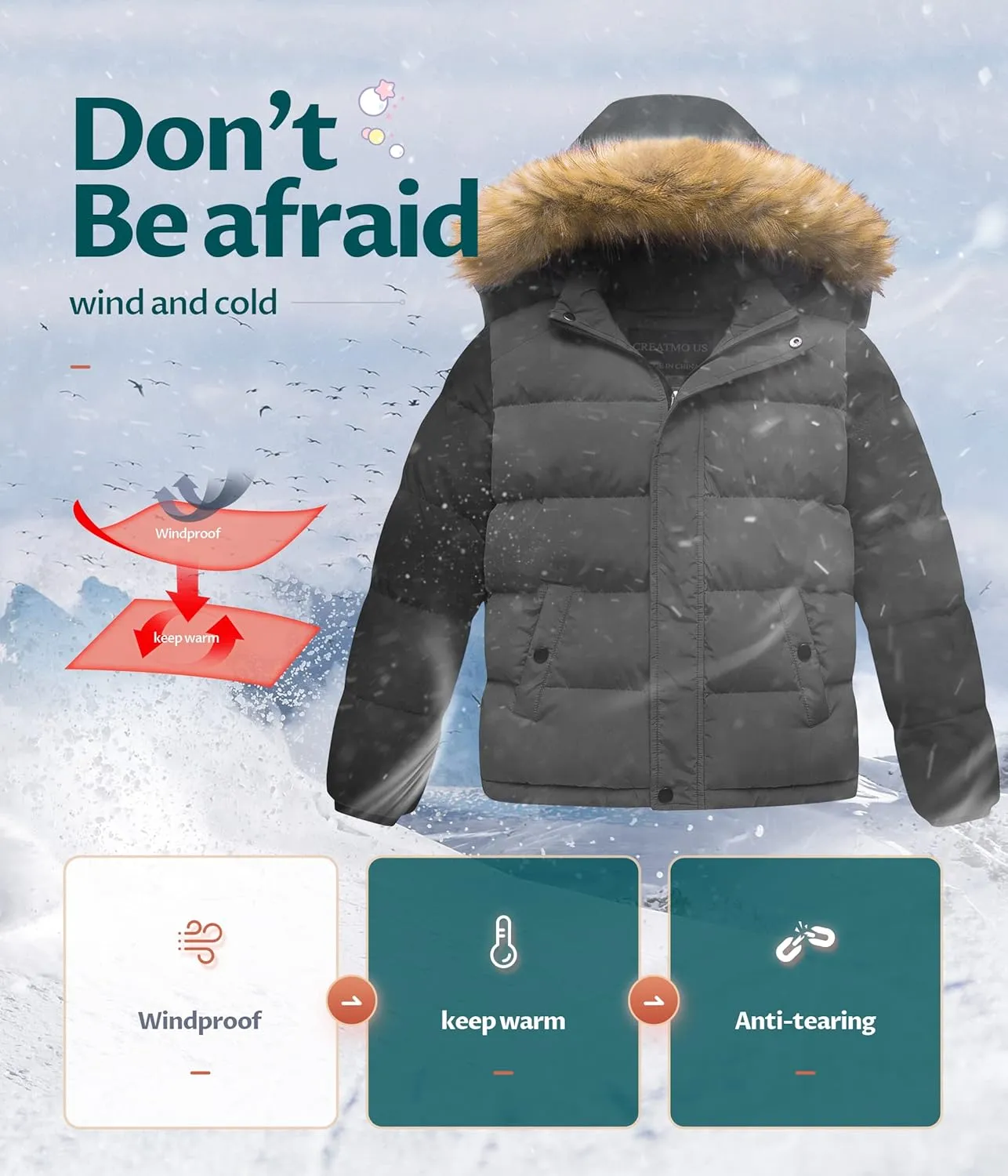 CREATMO US Boy's Water Resistant Winter Coats Warm Fleece Lined Outwear Windbreaker Ski Jacket