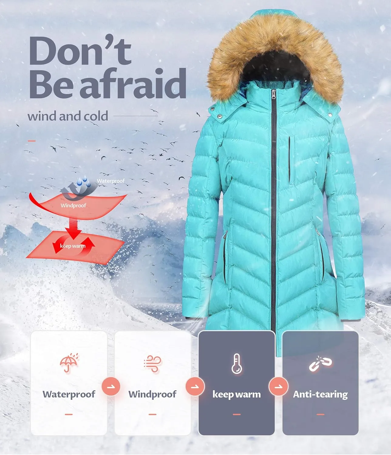 CREATMO US Women's Winter Hooded Coat Waterproof Warm Long Puffer Jacket Parka