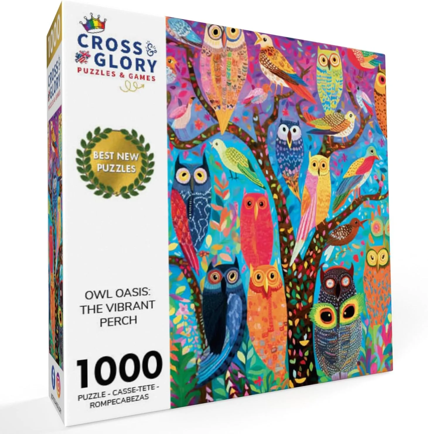 Cross & Glory - Owl Oasis: The Vibrant Perch - 1000 Piece Jigsaw Puzzle for Adults | Whimsical Owl & Garden Collage | Satin Finish