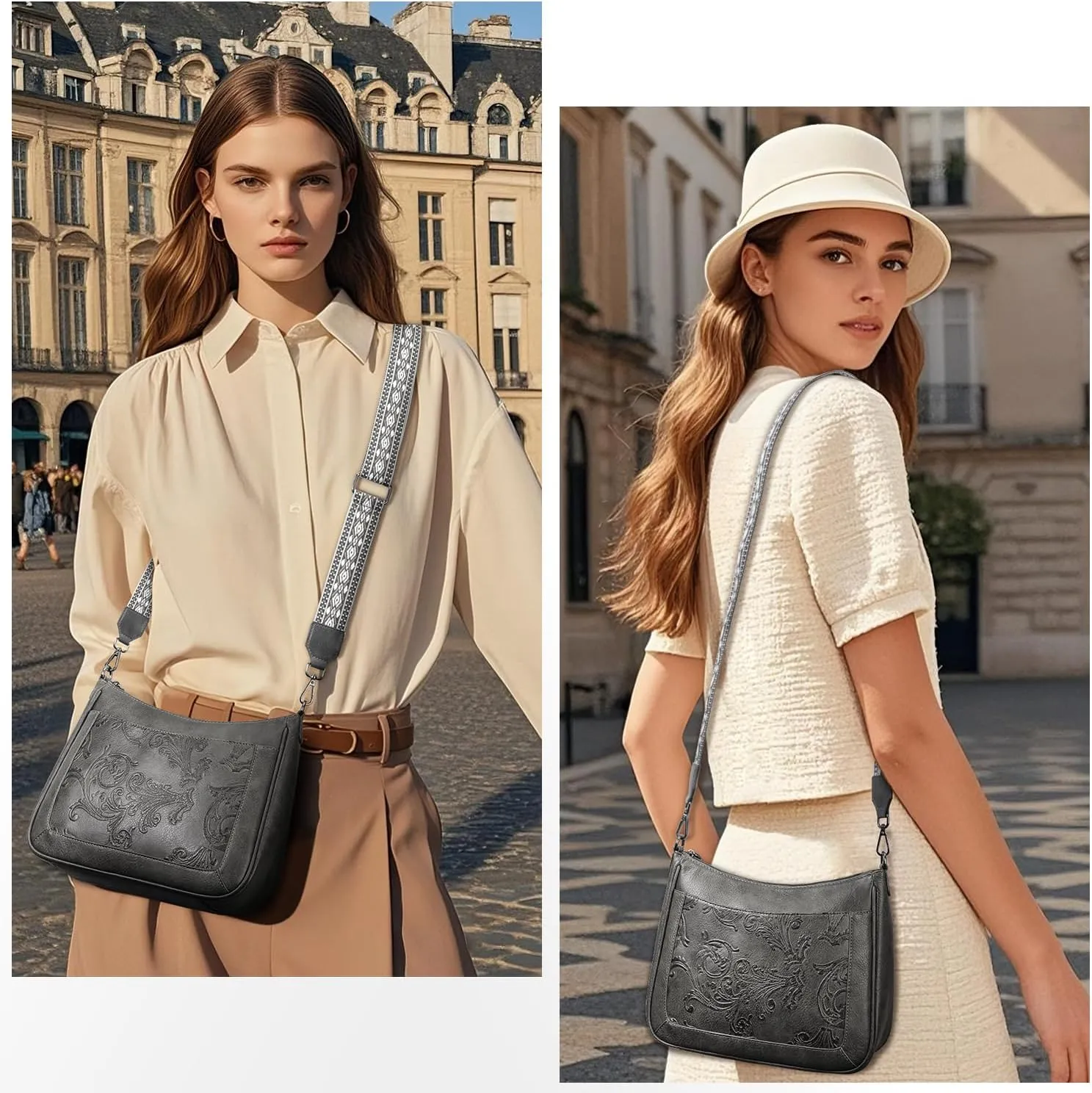 Crossbody Bags for Women,Vegan Leather Crossbody Purse with Adjustable Strap Embossed Flower Women's Shoulder Handbags