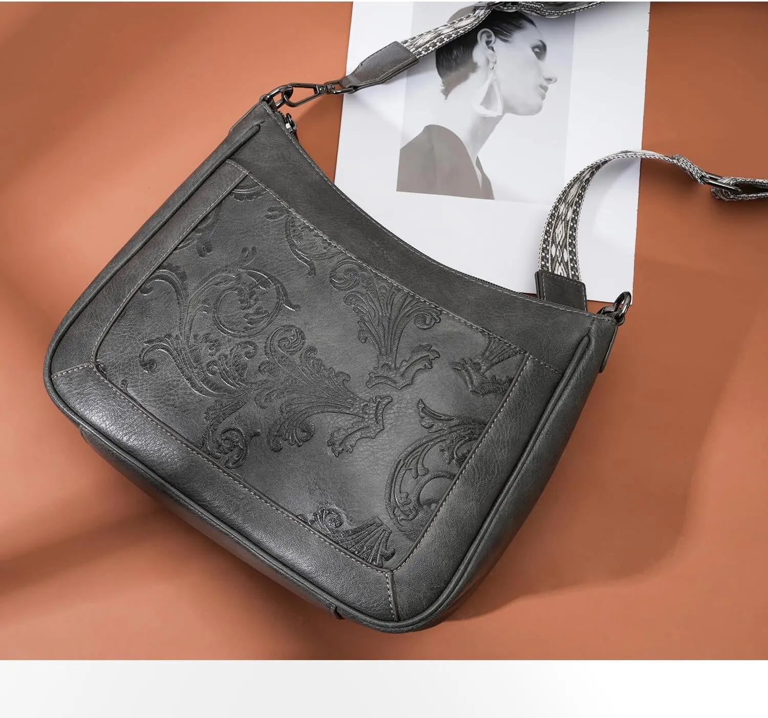 Crossbody Bags for Women,Vegan Leather Crossbody Purse with Adjustable Strap Embossed Flower Women's Shoulder Handbags