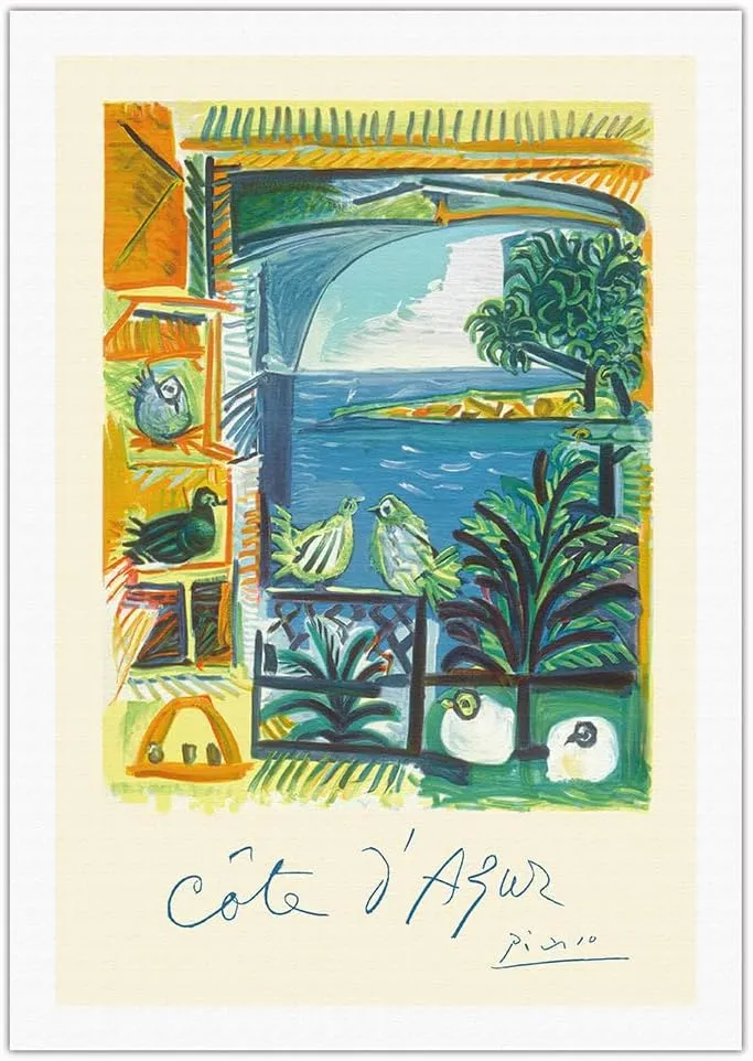 Côte d’Azur - Picasso’s Studio Pigeons Velazquez - Vintage Travel Poster by Pablo Picasso c.1962 - Fine Art Rolled Canvas Print 27in x 40in