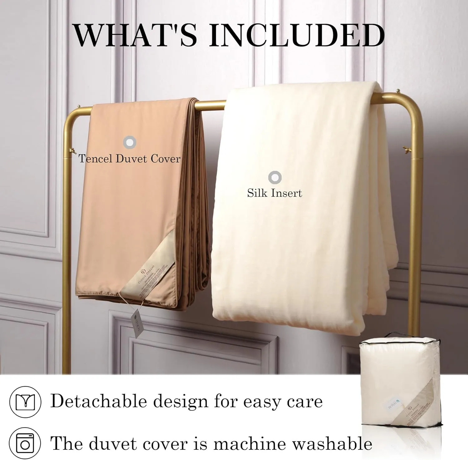 CUDDLE DREAMS Lightweight Silk Filled Comforter for Summer, Detachable Tencel Duvet Cover for Easy Care, Naturally Breathable (Bronze, Twin)