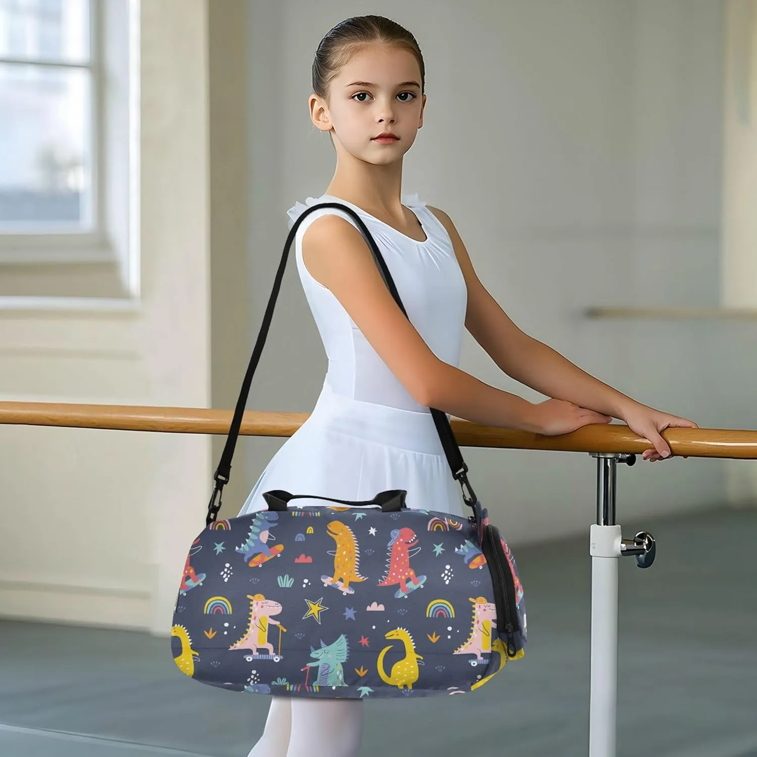 Cute Funny Kids Skater Dinosaurs Girl's Gym Duffel Bag with Shoes Compartment Multifunctional Overnight Weekender Carry On Travel Bag for Travel, Sports, Fitness & Workout