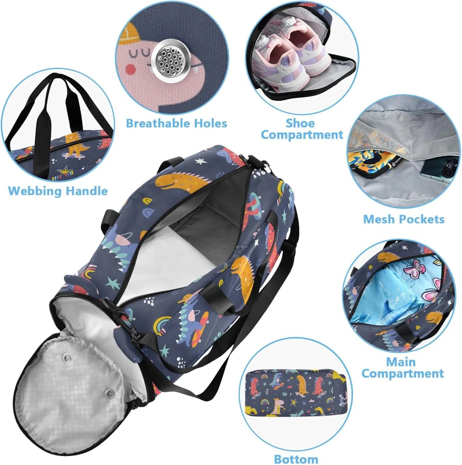 Cute Funny Kids Skater Dinosaurs Girl's Gym Duffel Bag with Shoes Compartment Multifunctional Overnight Weekender Carry On Travel Bag for Travel, Sports, Fitness & Workout
