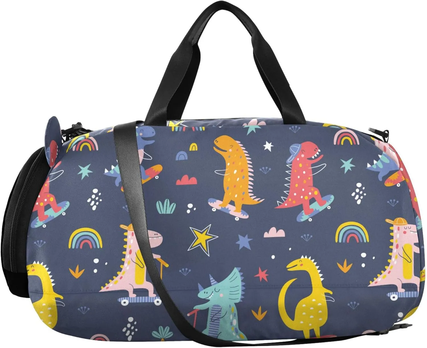 Cute Funny Kids Skater Dinosaurs Girl's Gym Duffel Bag with Shoes Compartment Multifunctional Overnight Weekender Carry On Travel Bag for Travel, Sports, Fitness & Workout