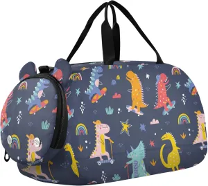 Cute Funny Kids Skater Dinosaurs Girl's Gym Duffel Bag with Shoes Compartment Multifunctional Overnight Weekender Carry On Travel Bag for Travel, Sports, Fitness & Workout