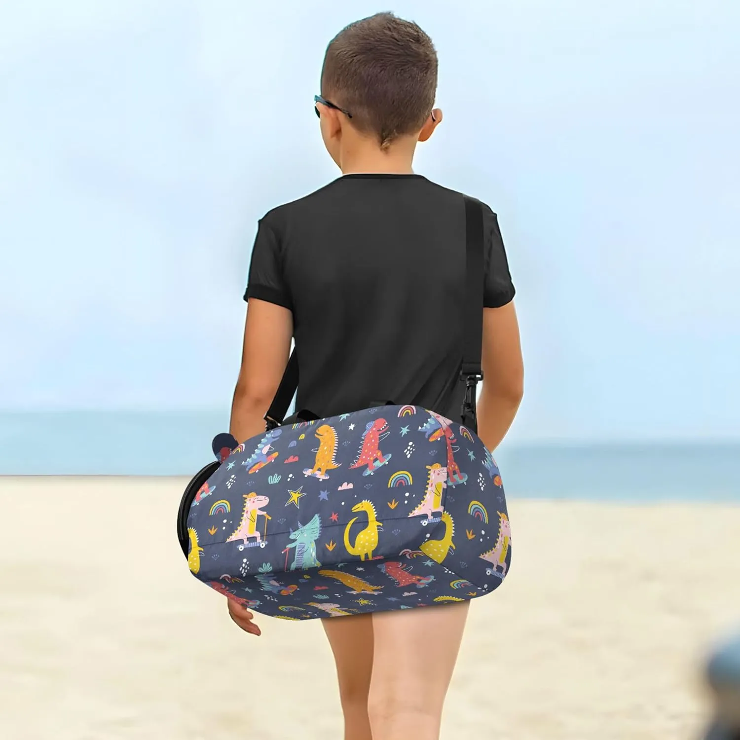 Cute Funny Kids Skater Dinosaurs Girl's Gym Duffel Bag with Shoes Compartment Multifunctional Overnight Weekender Carry On Travel Bag for Travel, Sports, Fitness & Workout