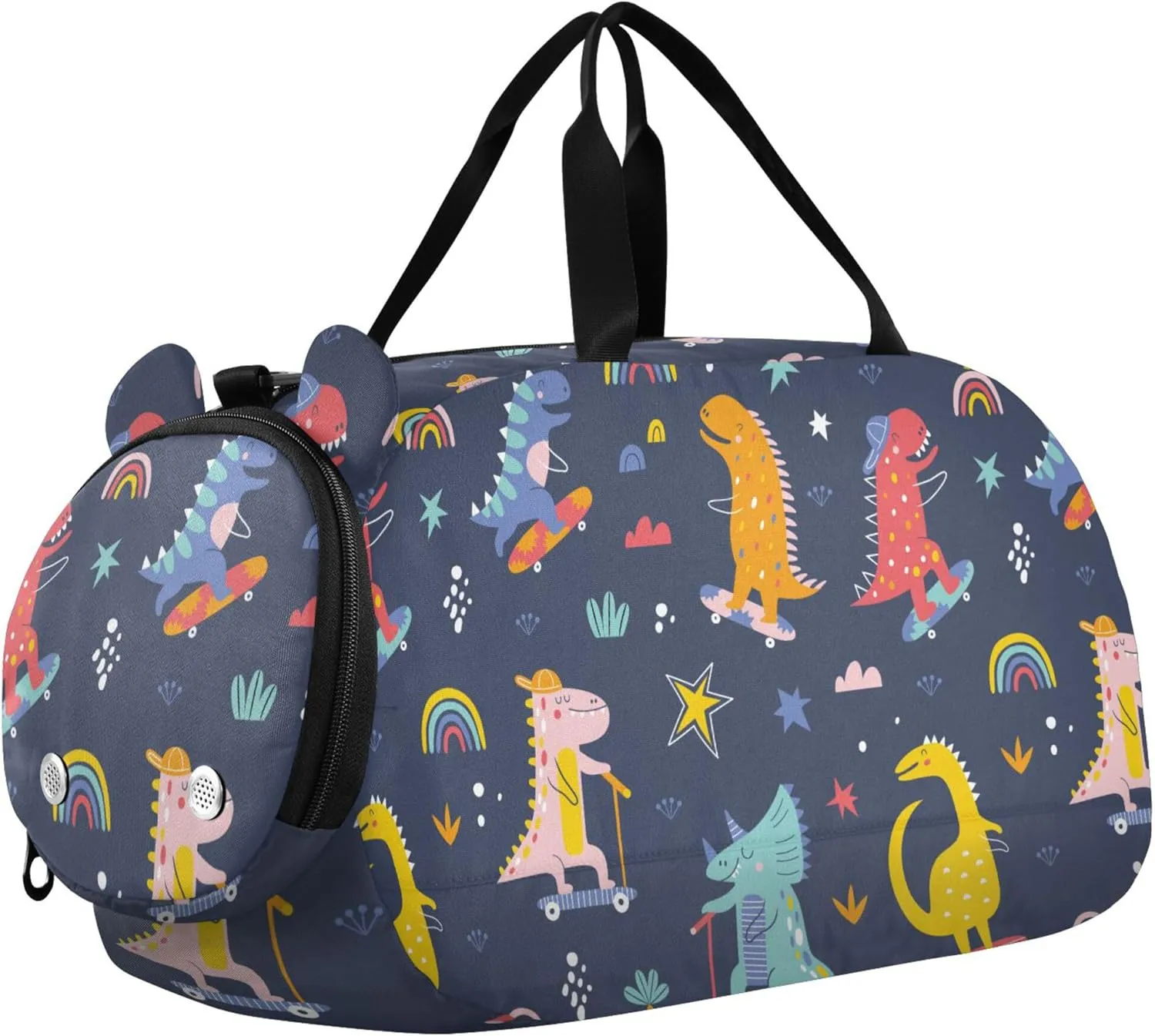 Cute Funny Kids Skater Dinosaurs Girl's Gym Duffel Bag with Shoes Compartment Multifunctional Overnight Weekender Carry On Travel Bag for Travel, Sports, Fitness & Workout