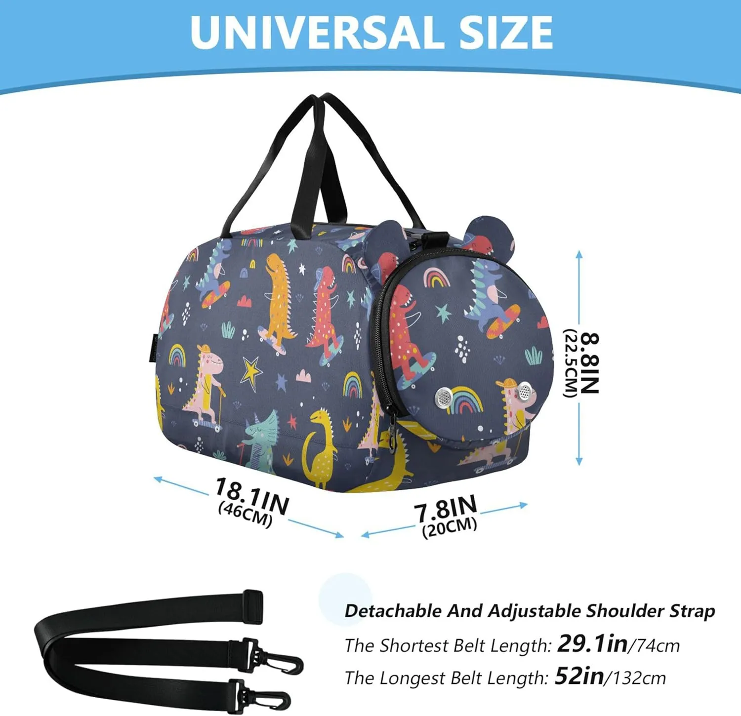 Cute Funny Kids Skater Dinosaurs Girl's Gym Duffel Bag with Shoes Compartment Multifunctional Overnight Weekender Carry On Travel Bag for Travel, Sports, Fitness & Workout