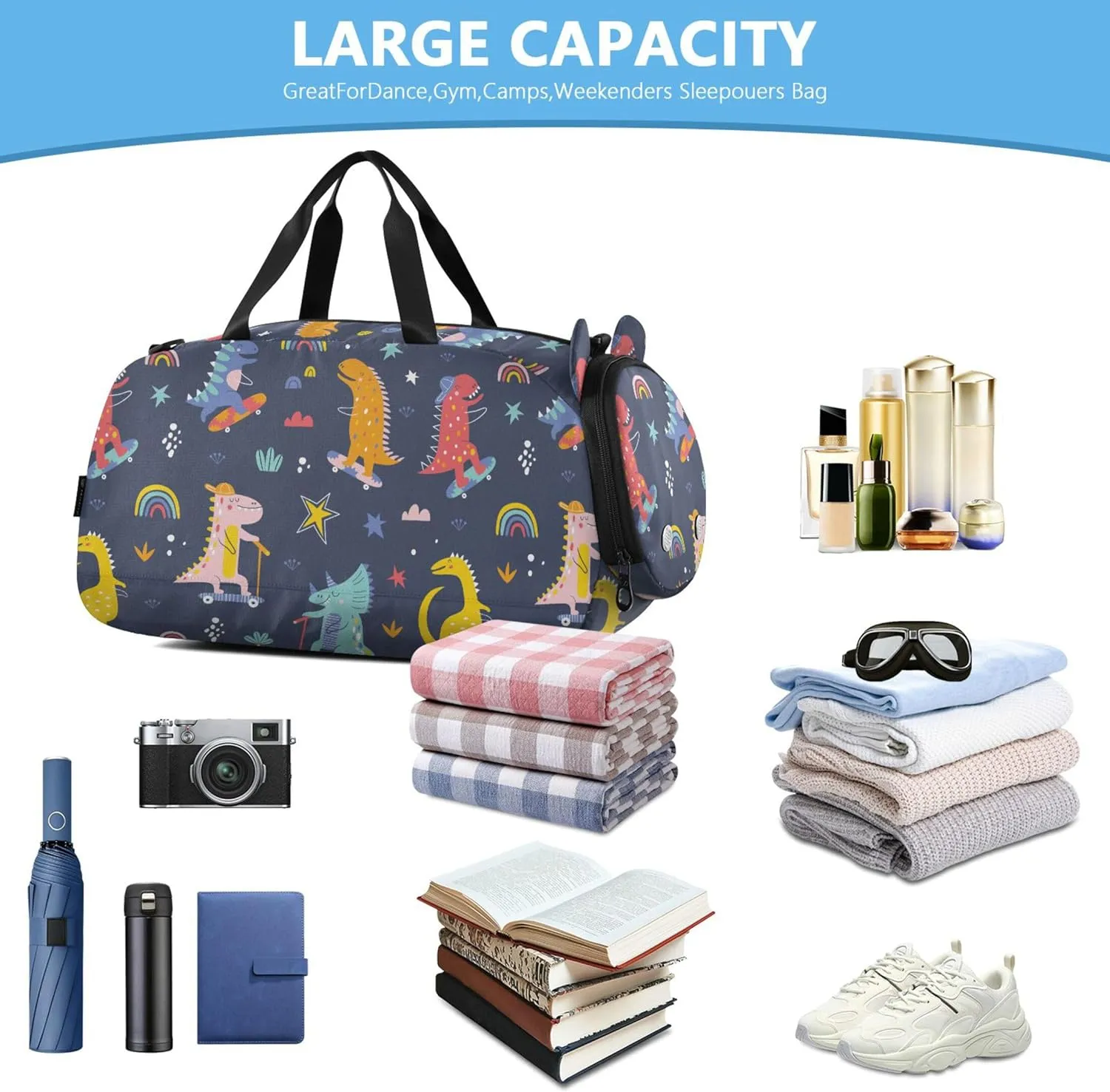 Cute Funny Kids Skater Dinosaurs Girl's Gym Duffel Bag with Shoes Compartment Multifunctional Overnight Weekender Carry On Travel Bag for Travel, Sports, Fitness & Workout