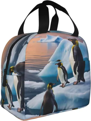 Cute Penguins On The Iceberg Printed Lunch Bag,Women Men Insulated Lunch Bags for Work Lunch Tote Lunch Box with Handle Small