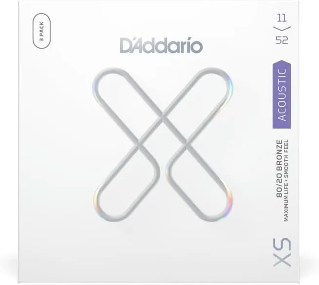 D'Addario Acoustic Guitar Strings, XS 80/20 Bronze Coated, XSABR1152-3P, Custom Light Gauge 11-52, 6-String Set, Pack of 3