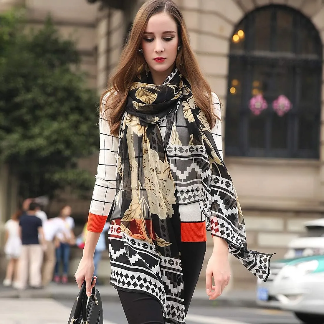 DANA XU 100% Pure Mulberry Crinkle Georgette Silk Large Size Wedding Pashmina Shawls and Wraps travel floral Scarf for Women