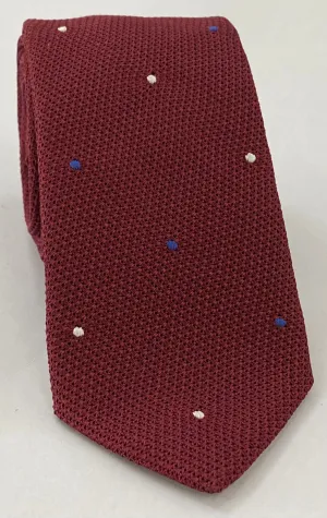 Dark Red Grenadine Grossa with White & Blue (1, 4) - Hand Sewn Pin Dots Silk Tie #GGDT-2