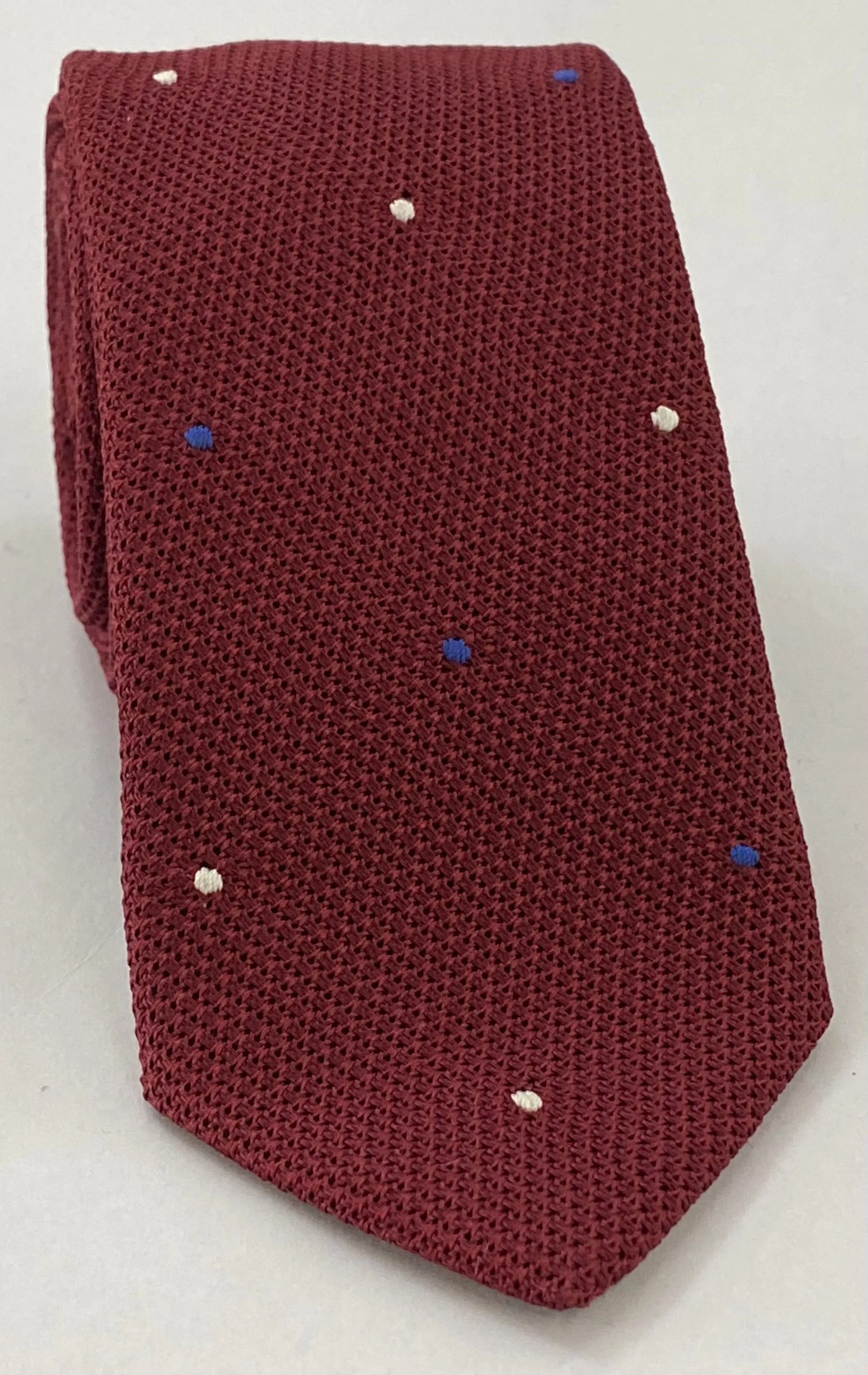 Dark Red Grenadine Grossa with White & Blue (1, 4) - Hand Sewn Pin Dots Silk Tie #GGDT-2