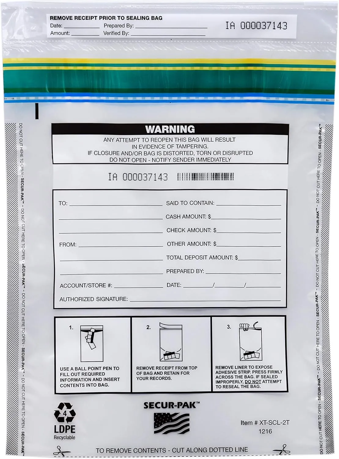 Deposit Bags - Pack of 100 - Bill Capacity, 2,000 - Premium, Level 4 Security Tamper Evident, Clear Security Bags - Self Sealing, Transparent 2.5 Mil Plastic - 12" x 16" - SECUR-PAK