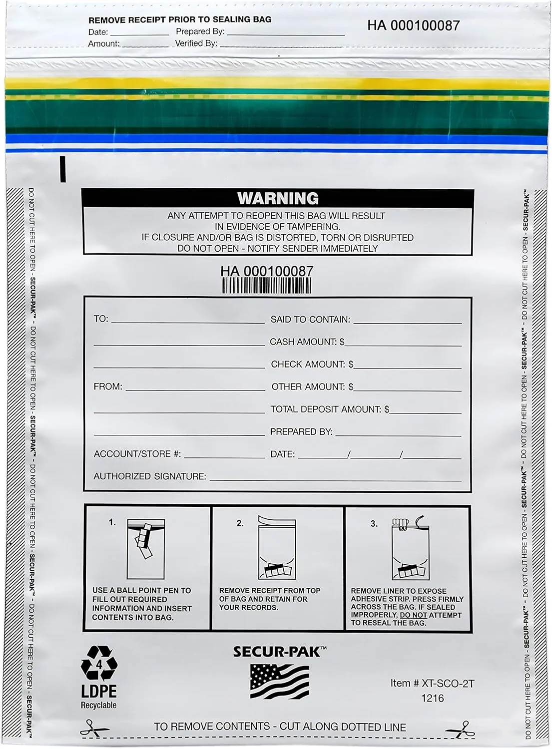 Deposit Bags - Pack of 100 - Bill Capacity, 2,000 - Premium, Level 4 Security Tamper Evident, White Security Bags - Self Sealing, Opaque 2.5 Mil Plastic - 12" x 16" - SECUR-PAK
