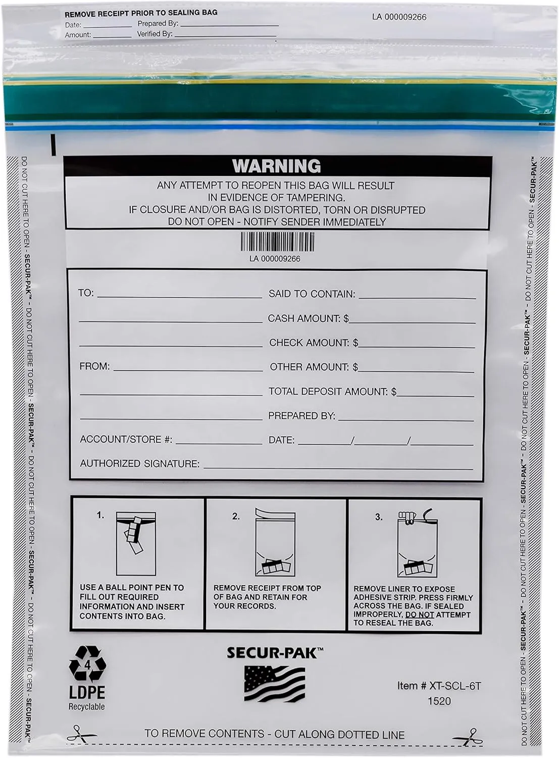 Deposit Bags - Pack of 100 - Bill Capacity, 6,000 - Premium, Level 4 Security Tamper Evident, Clear Security Bags - Self Sealing, Transparent 2.5 Mil Plastic - 15" x 20" - SECUR-PAK