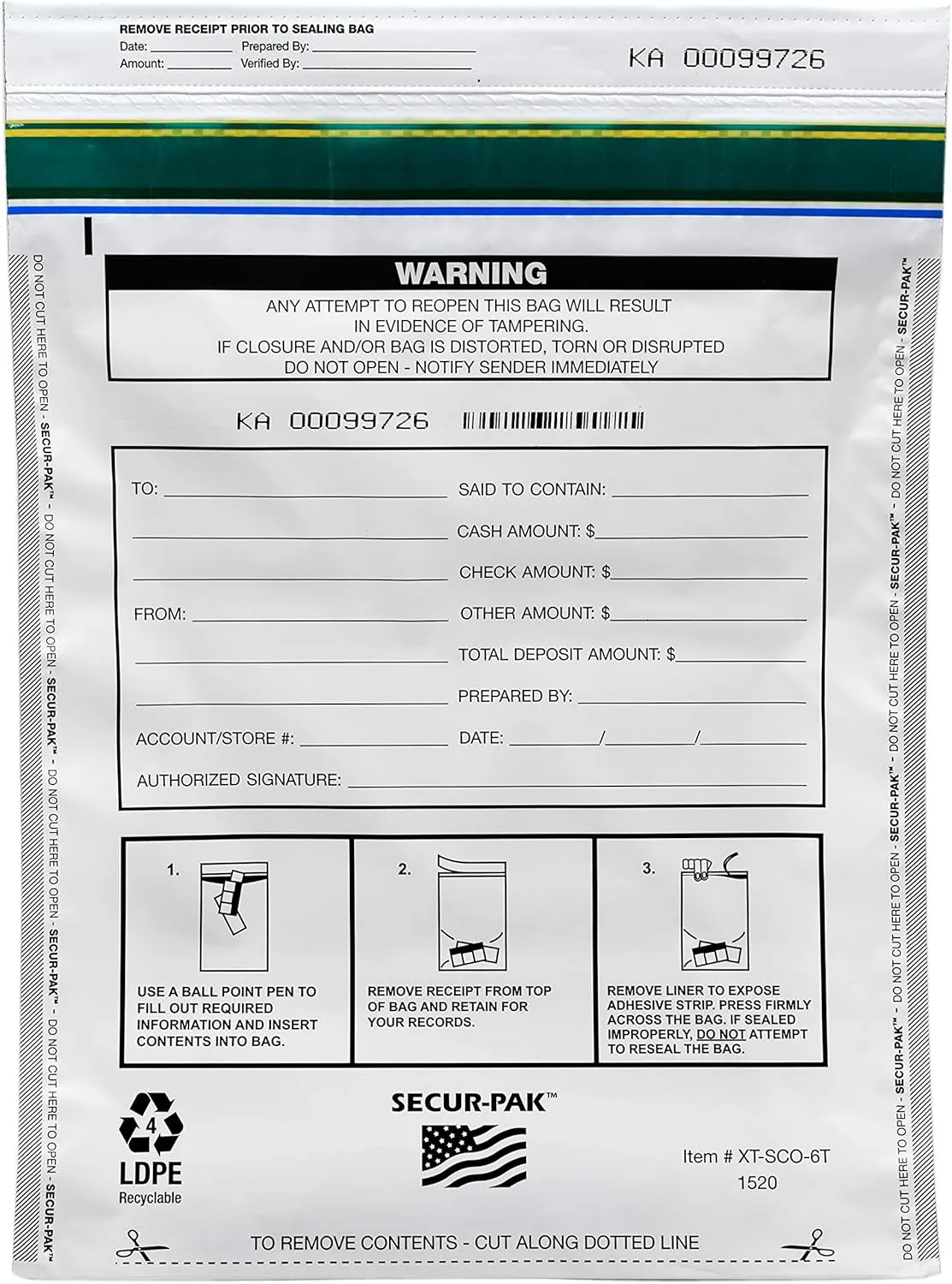 Deposit Bags - Pack of 100 - Bill Capacity, 6,000 - Premium, Level 4 Security Tamper Evident, White Security Bags - Self Sealing, Opaque 2.5 Mil Plastic - 15" x 20" - SECUR-PAK