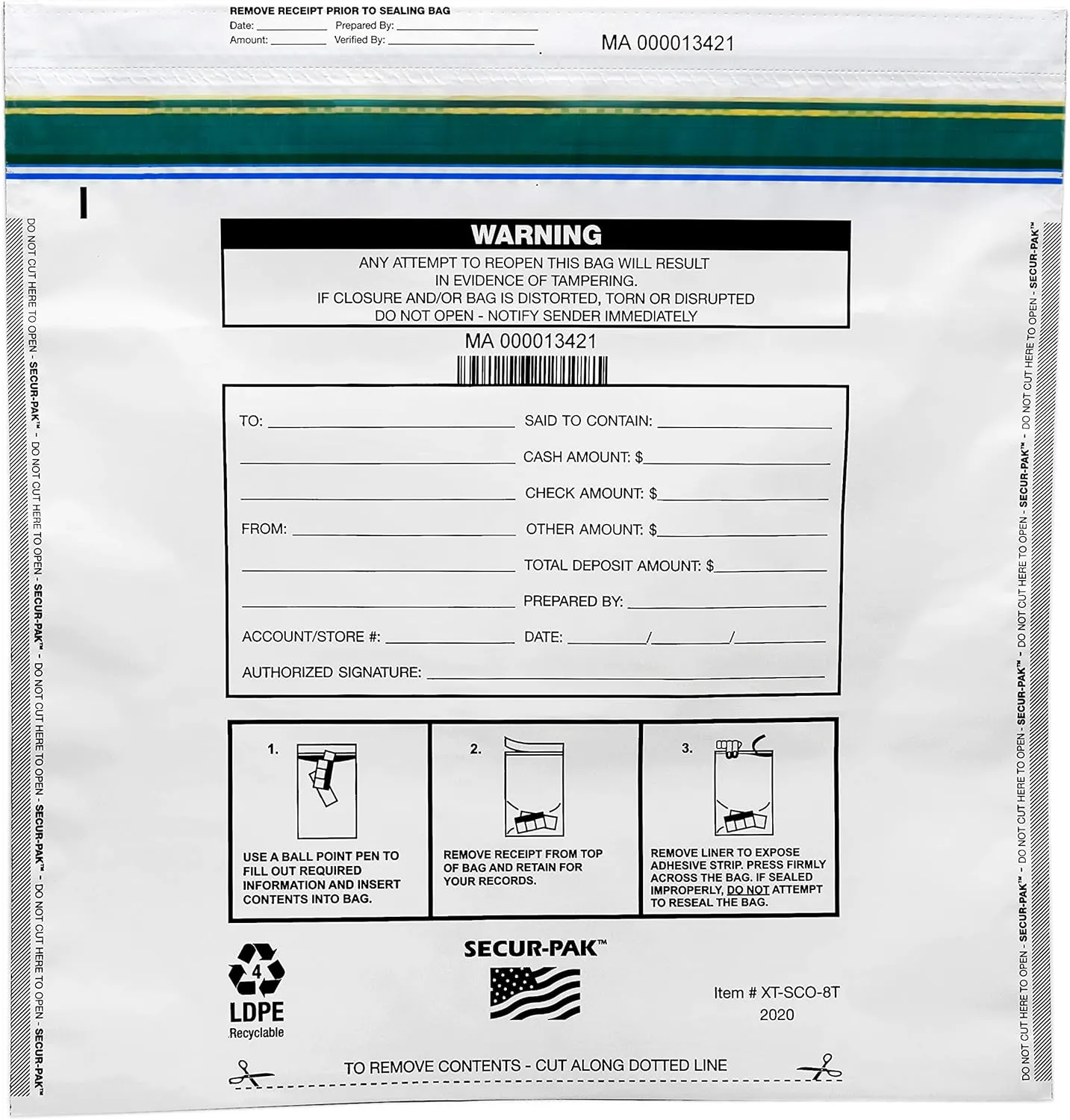 Deposit Bags - Pack of 100 - Bill Capacity, 8,000 - Premium, Level 4 Security Tamper Evident, White Security Bags - Self Sealing, Opaque 2.5 Mil Plastic - 20" x 20" - SECUR-PAK