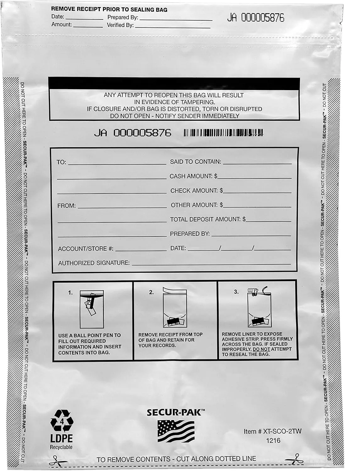 Deposit Bags with Pocket - Pack of 100 - Premium, Level 4 Security Tamper Evident, White Security Bags - Self Sealing, Opaque 2.5 Mil Plastic - 12" x 16" - SECUR-PAK