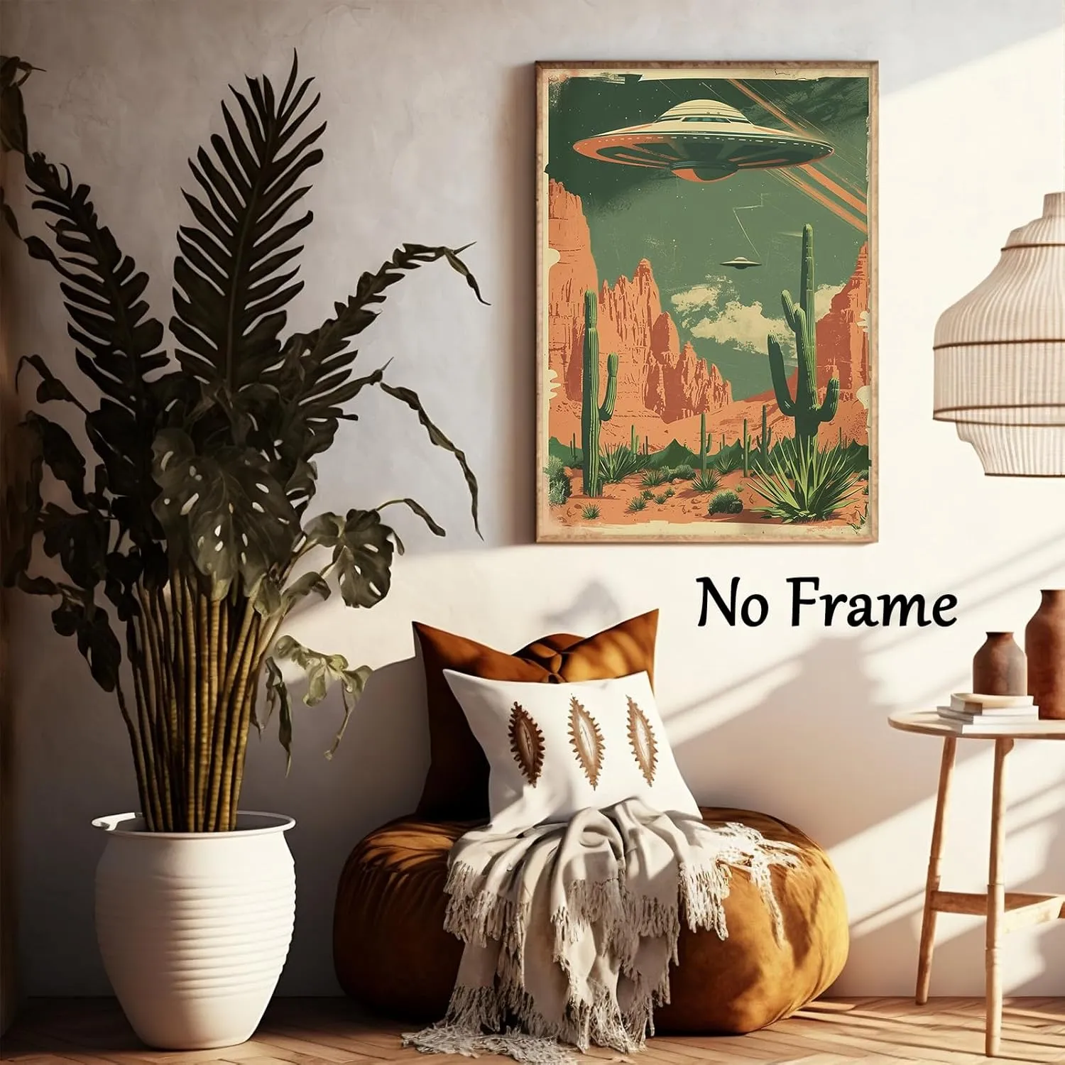 Desert Landscape Canvas Wall Art UFO Pictures Alien Abduction Poster Desert Cactus Prints Flying Saucer Picture Desert Mountains Painting Vintage UFO Artwork Desert Prints Large 16x24inch No Frame