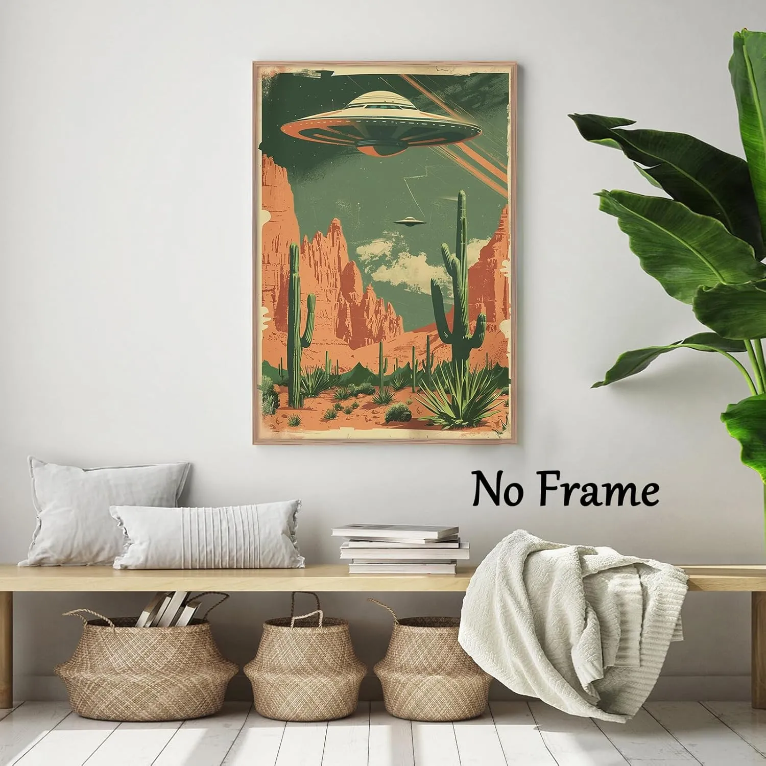 Desert Landscape Canvas Wall Art UFO Pictures Alien Abduction Poster Desert Cactus Prints Flying Saucer Picture Desert Mountains Painting Vintage UFO Artwork Desert Prints Large 16x24inch No Frame